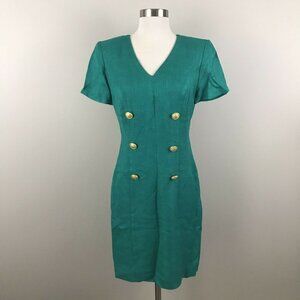 Secretary Dress Vintage Teal Green Short Sleeve Faux Buttons Short Sleeve